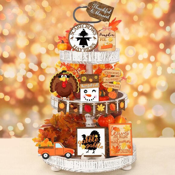 15 Pcs Fall Tiered Tray Decor Set Thanksgiving Fall Pumpkin Home Decorations Rus - Picture 1 of 6